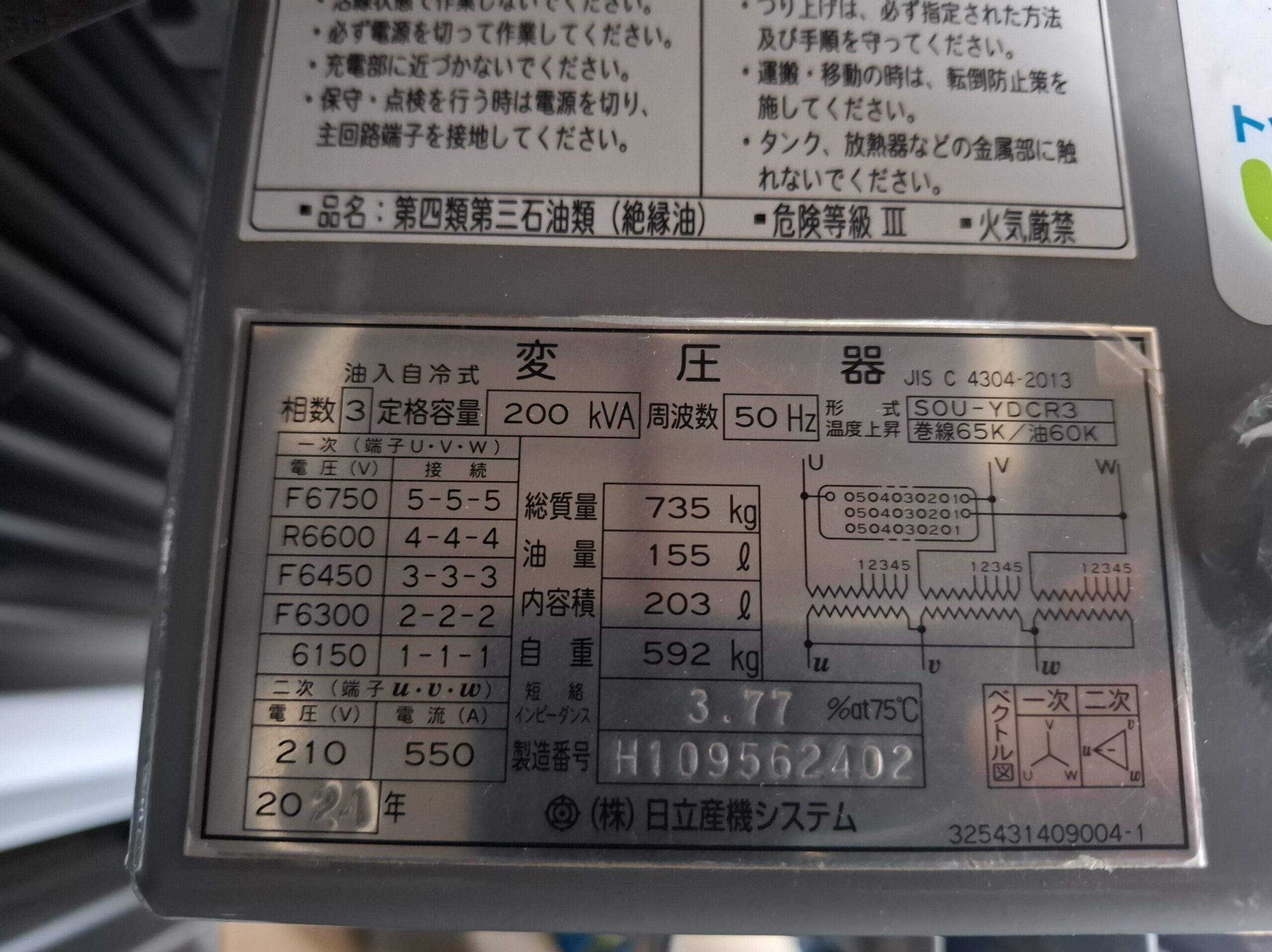 三相トランス 2024年 200KVA 日立